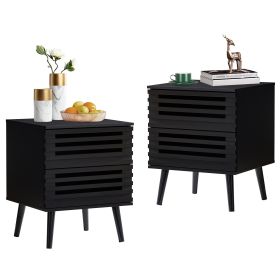 Black Nightstand Set of 2, Wood End Tables with 2 Storage Hollowed-Out Drawers, Bedroom Bedside Table Storage Side Table for Bedroom Living Room (2, B