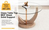 A modern minimalist round tempered glass dining table with a diameter of 48 inches. Glass desktop+MDF wood grain table legs and base. A set of 4 cushi
