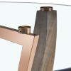 A modern minimalist round tempered glass dining table with a diameter of 48 inches. Glass desktop+MDF wood grain table legs and base. A set of 4 cushi