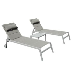 Outdoor Patio Chaise Lounge Set of 3, Aluminum Pool Lounge Chairs with Side Table and Wheels, Textilene Padded Adjustable Recliner All Weather for Poo (Color: as Pic)